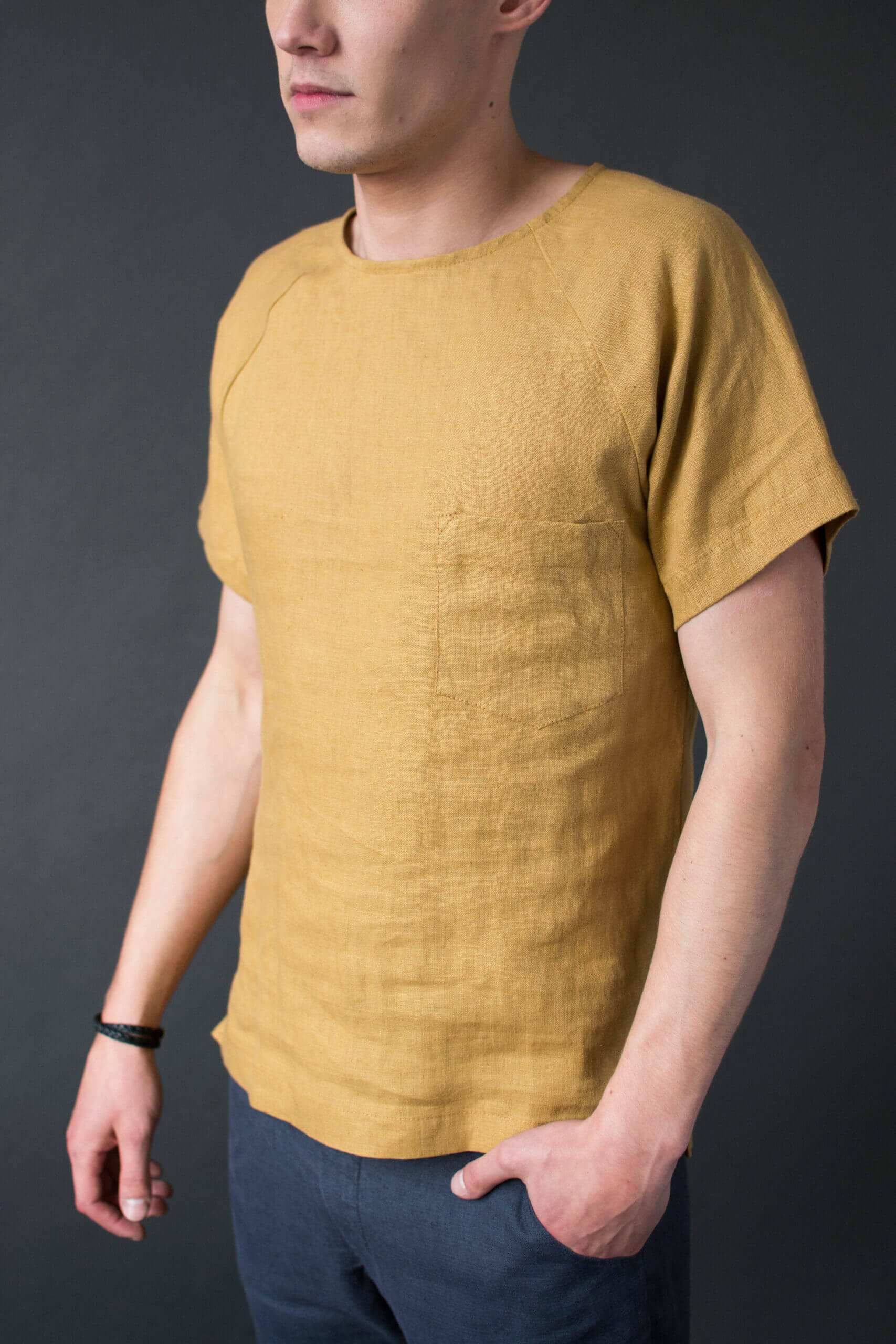 Front view of mustard color men's raglan linen t-shirt