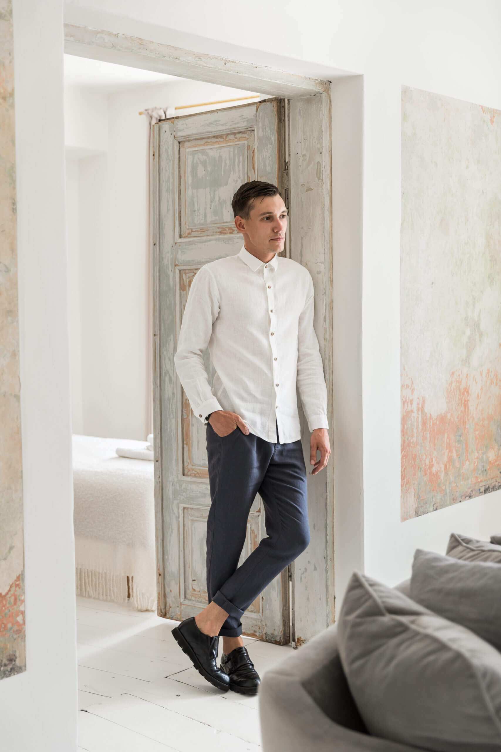 White linen shirt paired with chino linen pants
