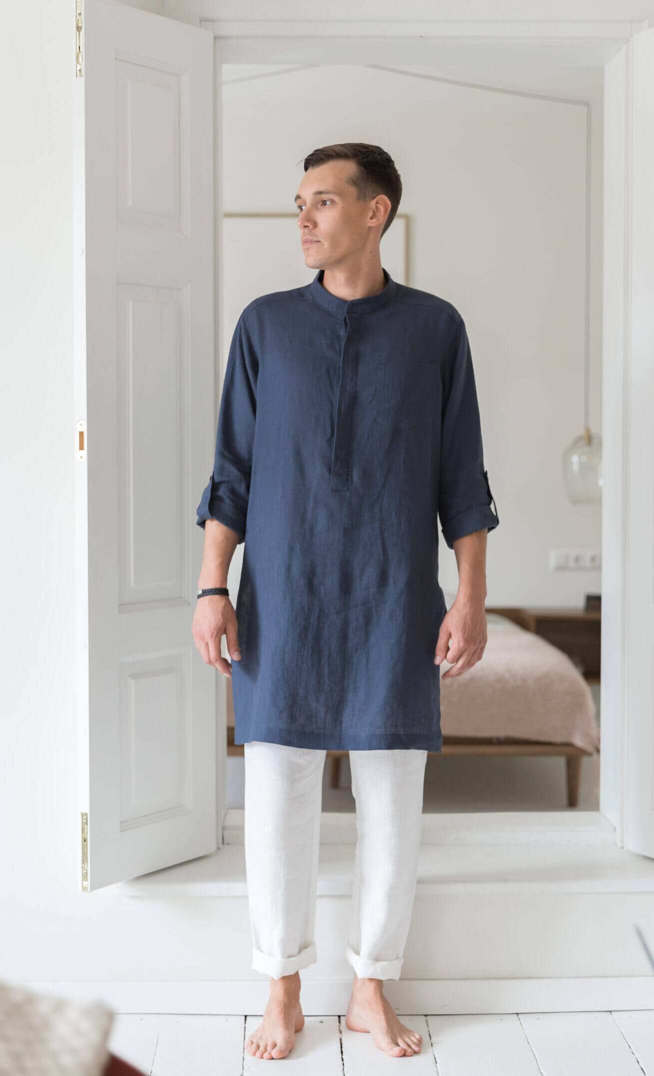 Elegant graphite linen tunic for a classic summer look