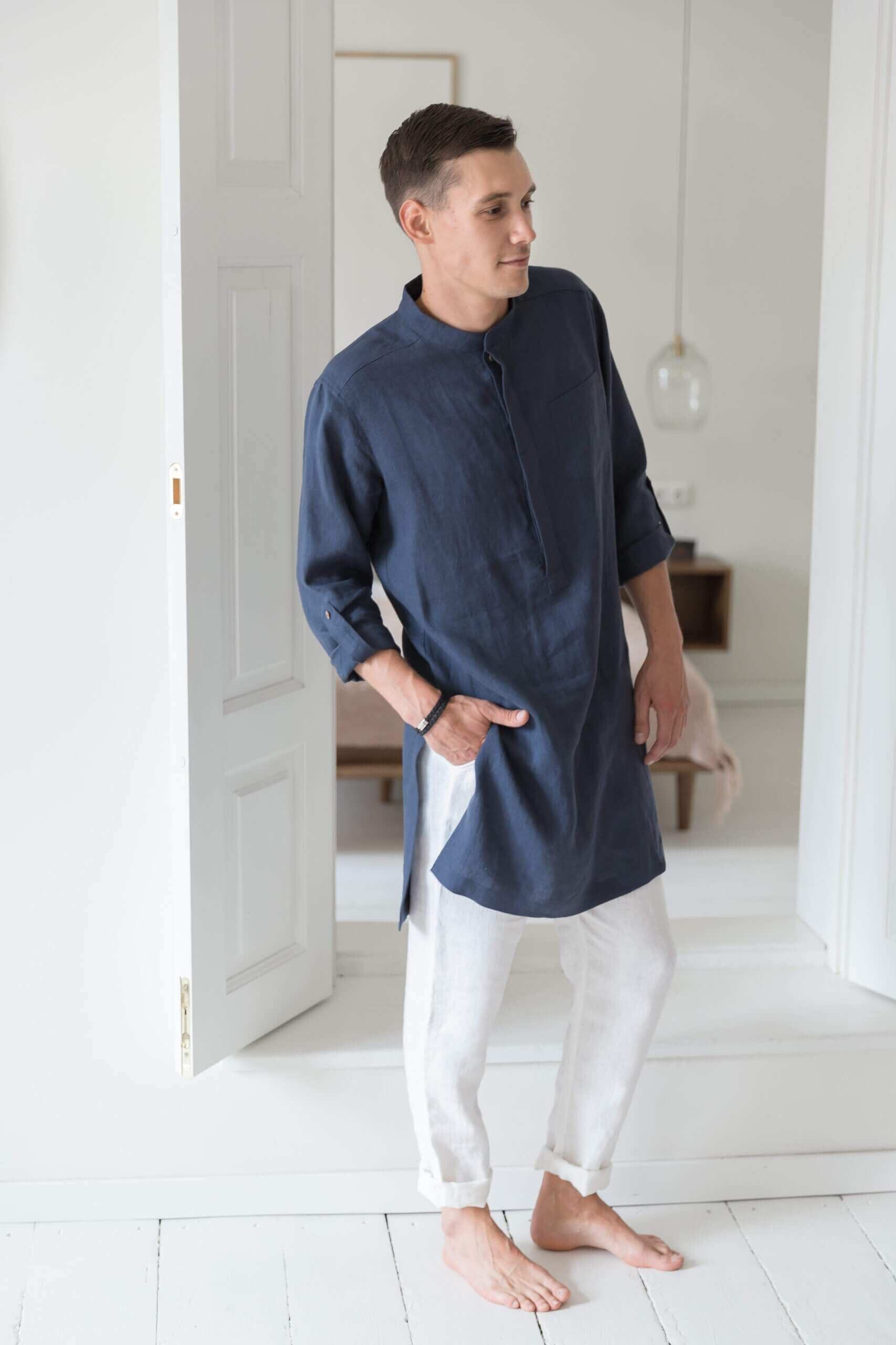 Full-length view of a graphite linen tunic