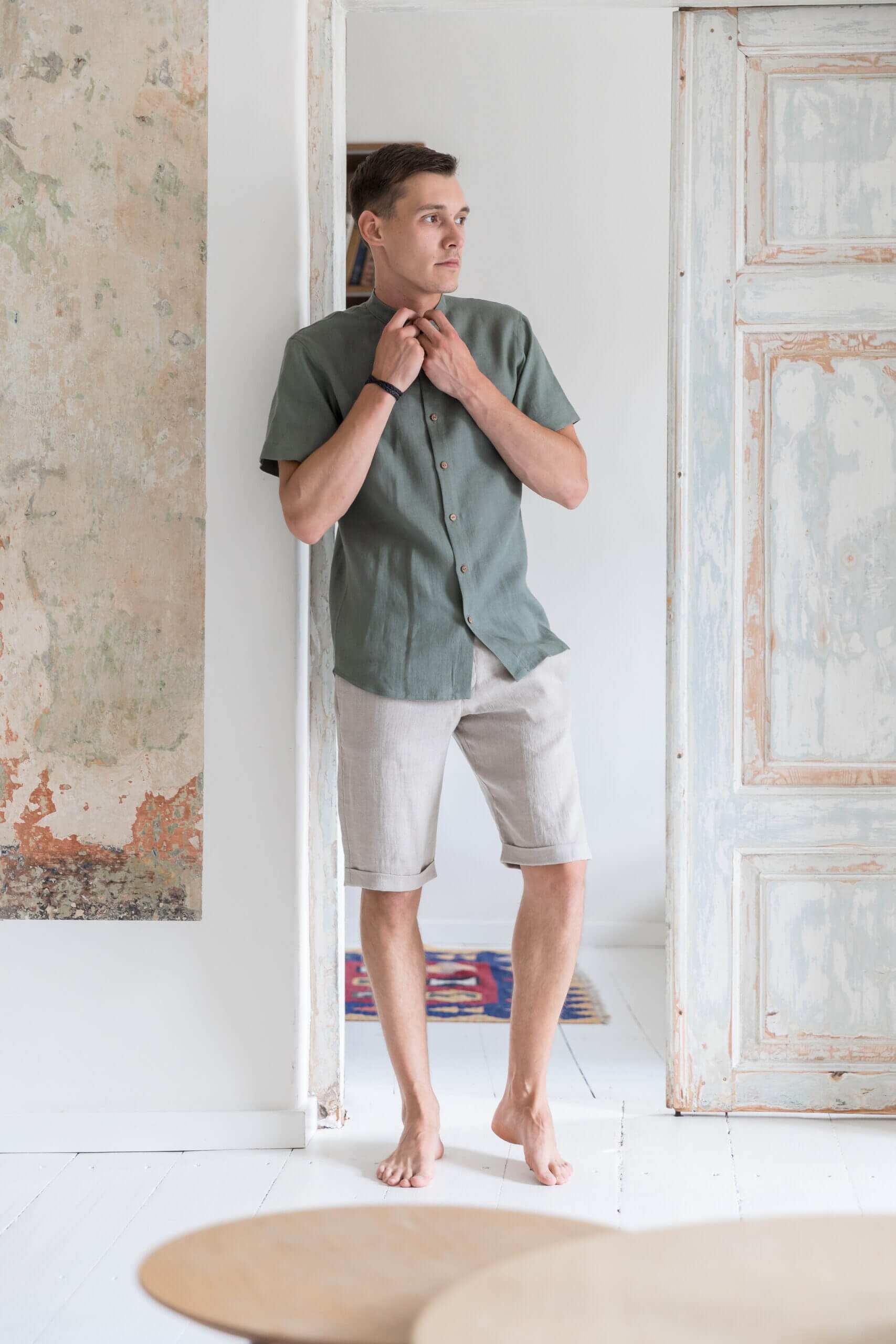 Khaki linen short sleeve shirt, casual summer styling with bermuda linen shorts
