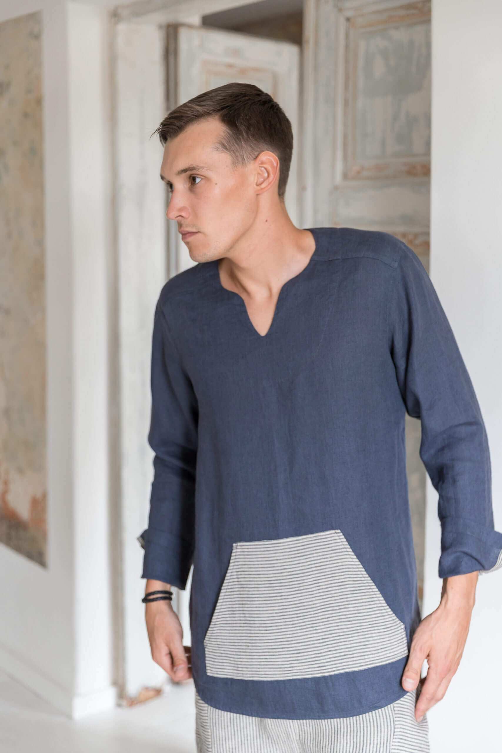 Stylish graphite linen explorer shirt with a striped pocket accent