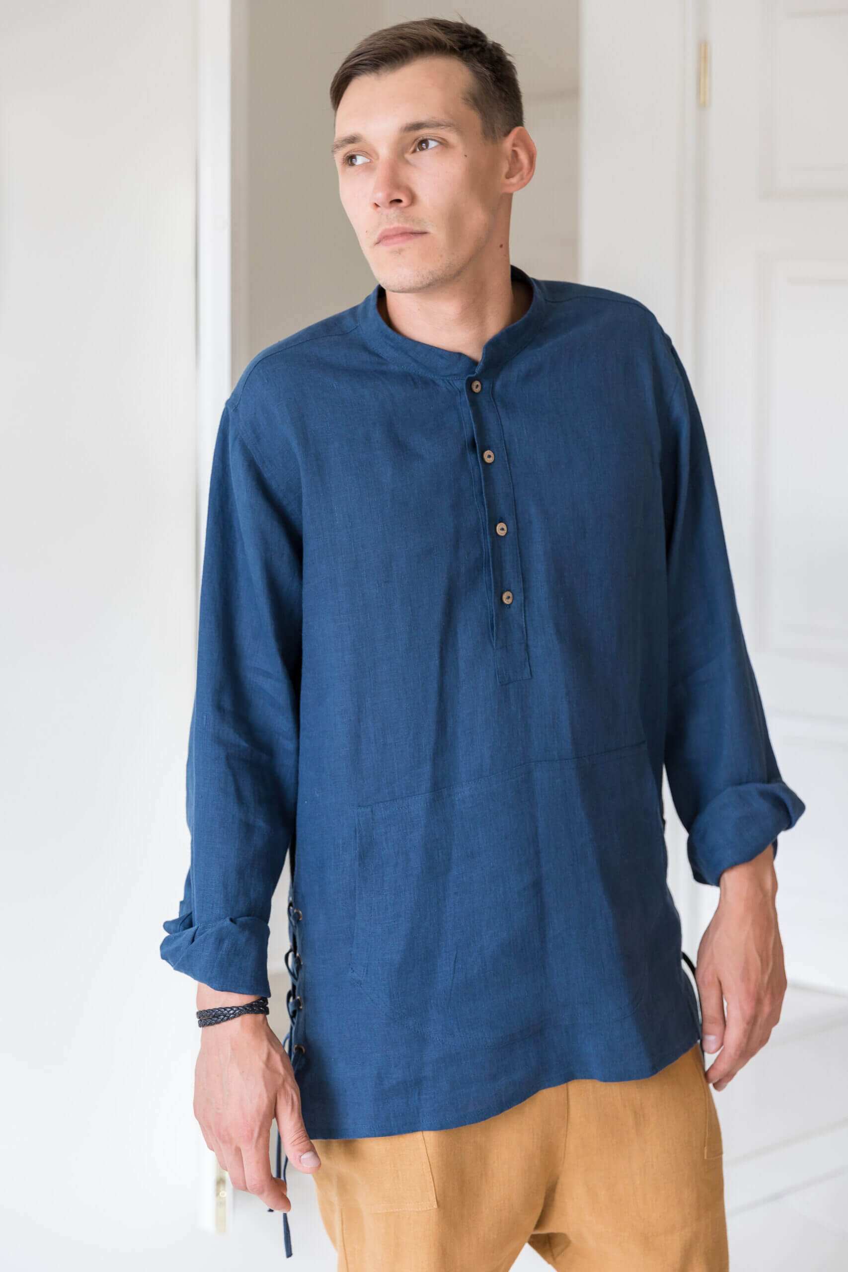 Stylish front view of the dark blue striped linen shirt